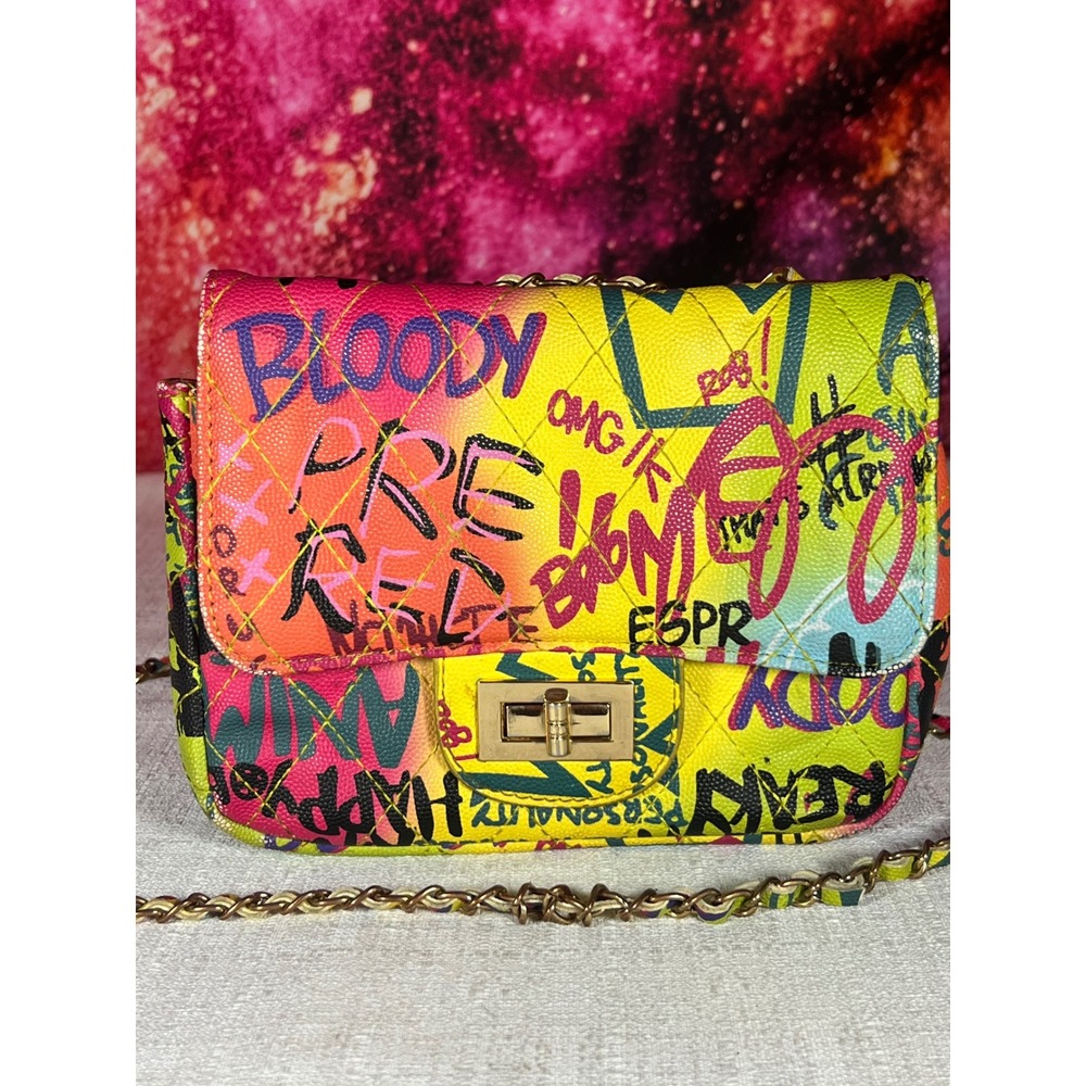 3AM Forever Graffiti Quilted Crossbody Bag Multi Color Streetwear Gold Chain
